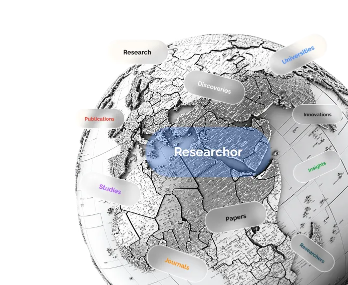 A globe labelled with the parts of research Researchor connects: publications, studies, journals, papers, universities, innovations, insights and researchers, with Researchor at the centre.