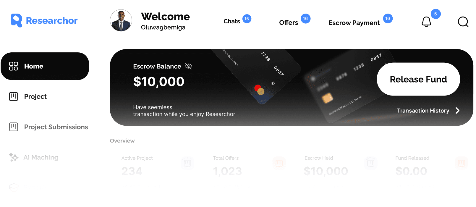 Researchor client dashboard with escrow balance