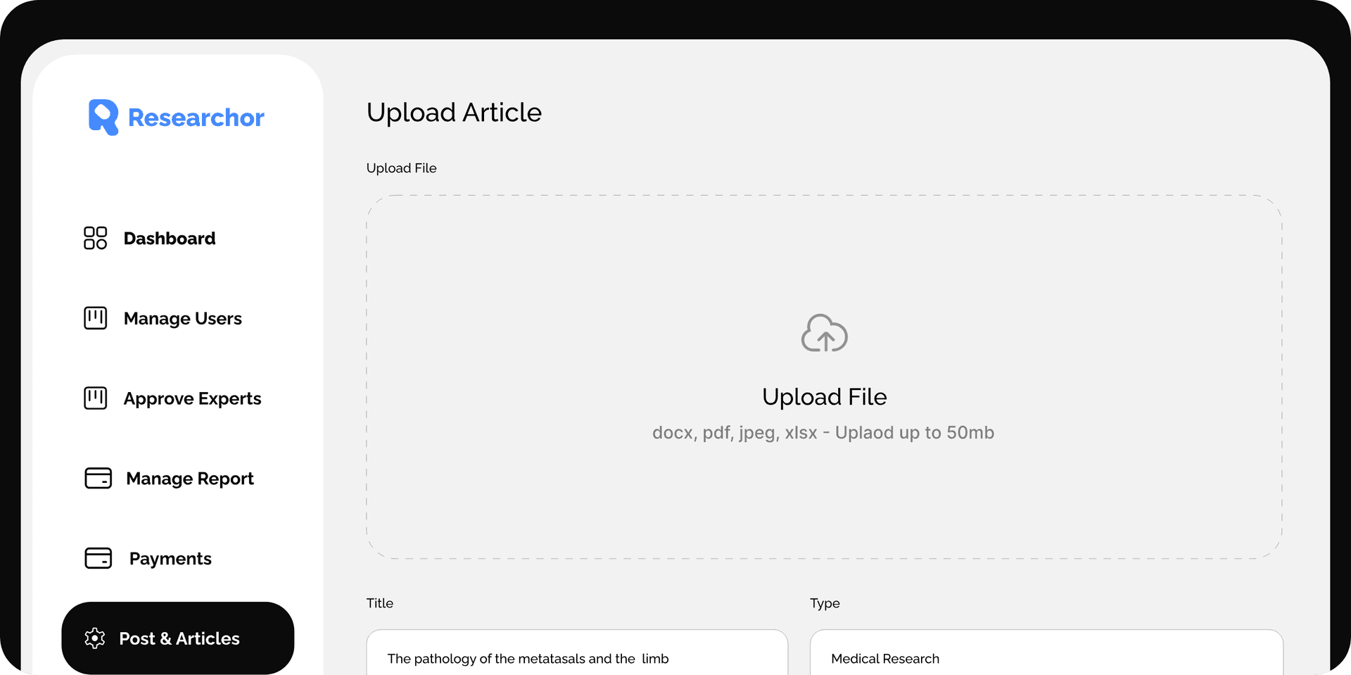 Researchor admin dashboard for uploading and publishing articles