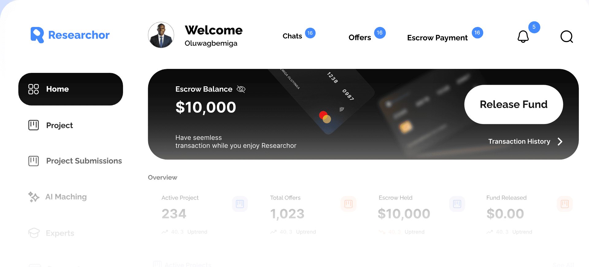 Researchor client dashboard showing escrow balance, offers, and active projects