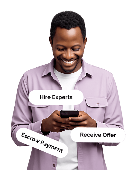 Client smiling at his phone — hire experts, receive offers, escrow payment